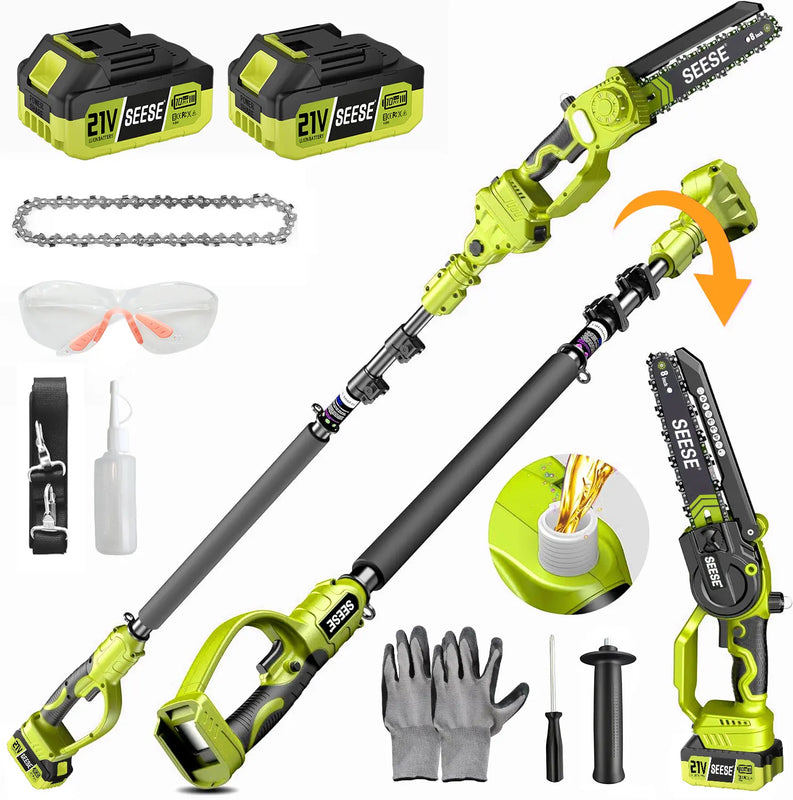 2 in 1 Mini Chainsaw with 2 x 21V Batteries, 8" Brushless Electric Pruner, Telescopic Pruning Saw, Working Height up to 15ft, 180° Angled Head, Shoulder Strap