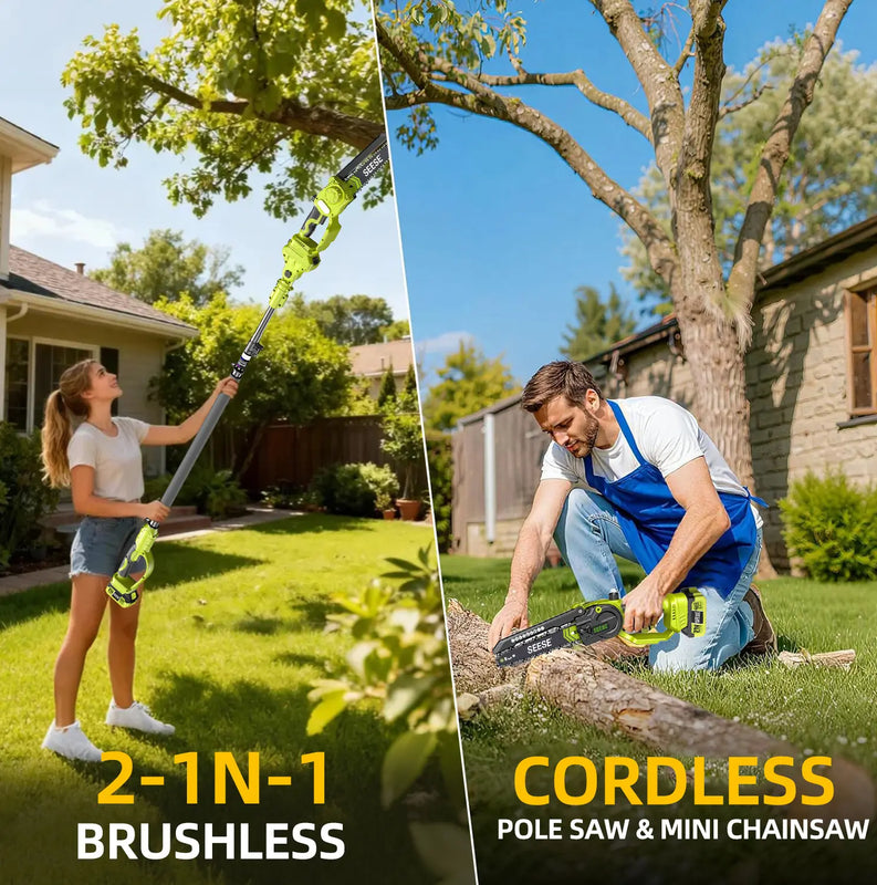 2 in 1 Mini Chainsaw with 2 x 21V Batteries, 8" Brushless Electric Pruner, Telescopic Pruning Saw, Working Height up to 15ft, 180° Angled Head, Shoulder Strap